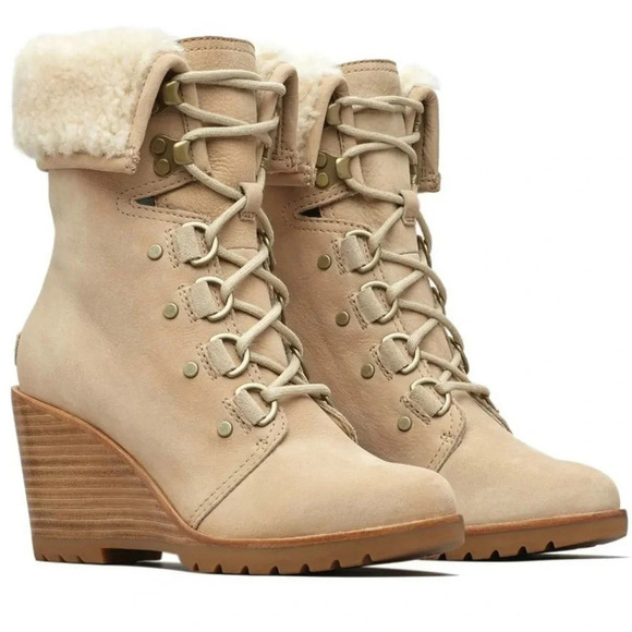 Sorel Women's Leather After Hours Lace Shearling Boots Size 9 Cream - Picture 1 of 9